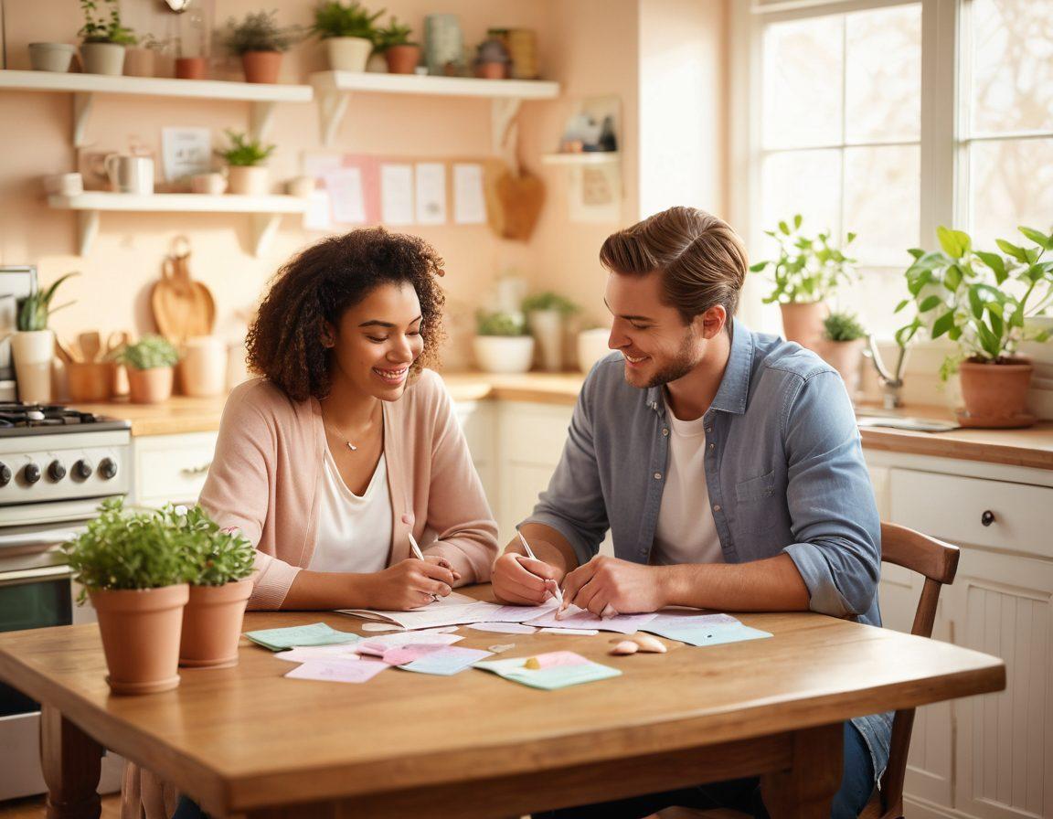 A warm and inviting scene depicting a couple sharing a heartfelt moment while budgeting together at a cozy kitchen table, surrounded by love notes and a small plant, symbolizing growth in both romance and finance. Soft, glowing light creates an intimate atmosphere, emphasizing connection and collaboration. pastel colors. soft focus.