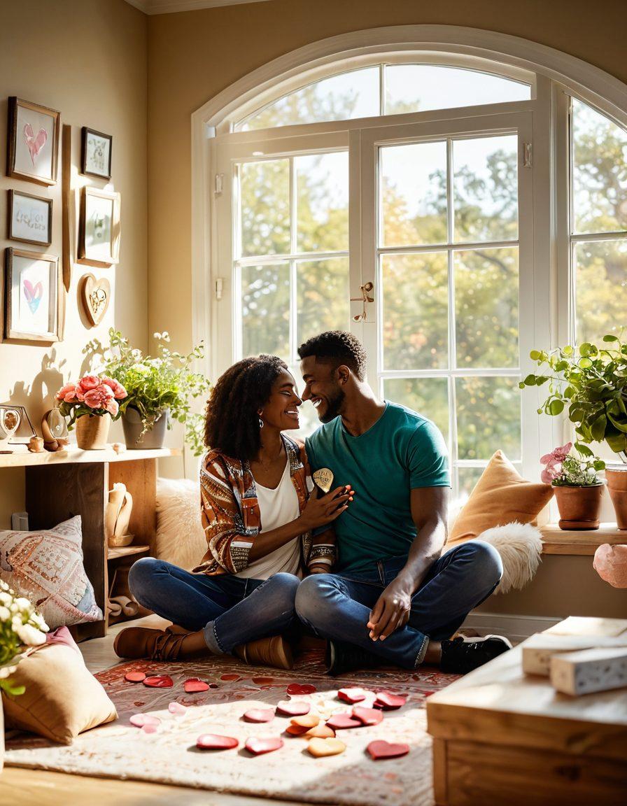 A warm and inviting scene showcasing a diverse couple happily building a home together, surrounded by symbols of love (like hearts and flowers) and financial success (like coins and a house). The couple is collaborating on a creative project, embodying affection and teamwork. Soft sunlight filters through the window, highlighting their joy and connection. The background features a cozy living space filled with personal touches. super-realistic. vibrant colors. warm tones.
