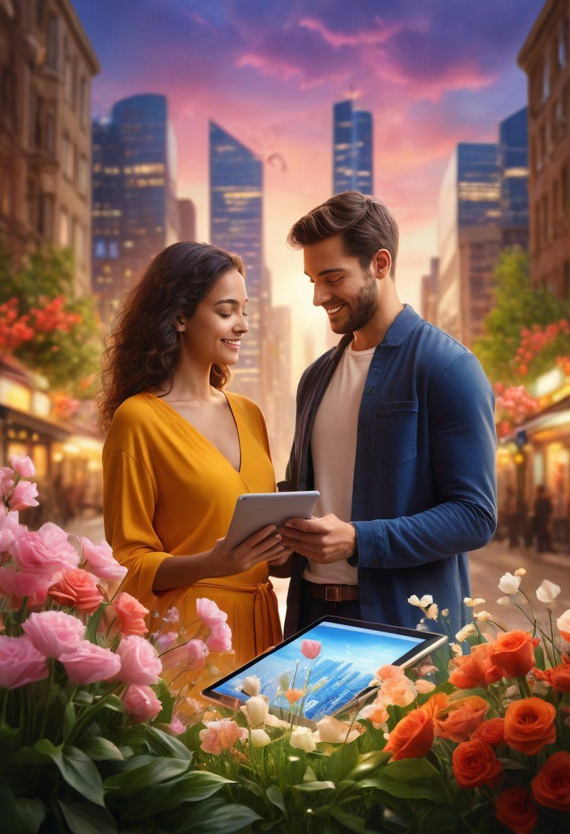 A serene scene depicting a couple sharing a joyful moment, surrounded by soft glowing light, symbolizing love and harmony. One partner is thoughtfully reviewing a financial plan on a tablet, while the other presents a beautiful bouquet of flowers. In the background, an abstract blend of nature and modern city life reflects the duality of affection and financial freedom. Include elements like hearts and currency symbols subtly integrated into the environment. vibrant colors. super-realistic.